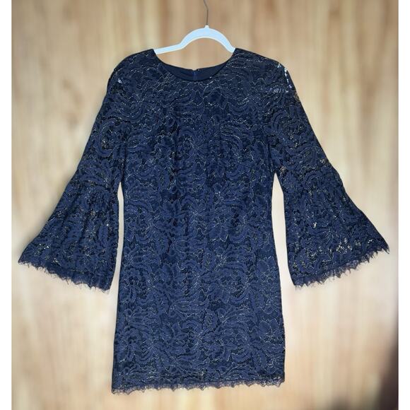 Dark Gothic Lace Bell Sleeve Navy Gold Mini Dress Sz M Witchy Romantic Cocktail - Picture 1 of 9